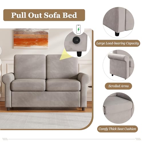 Grey Velvet Convertible Sofa Bed with Memory Foam Mattress Q99967