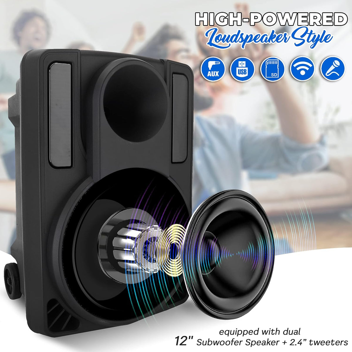 12’’ Portable PA Speaker System with Two Wireless Mic D6389