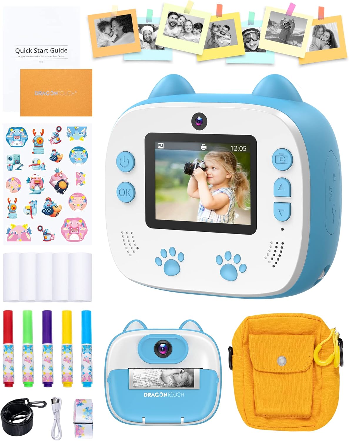 Instant Print Digital Camera with Dual Camera Lens, Print Paper, Cartoon Sticker, Color Pens and Camera Bag (Christmas Red) W7734