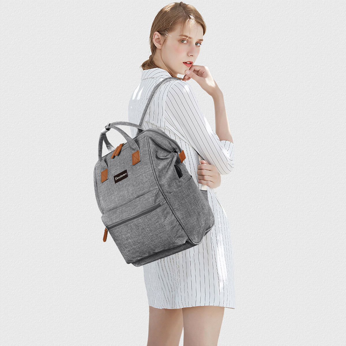 Grey Casual Backpack with USB Charging Port L448547