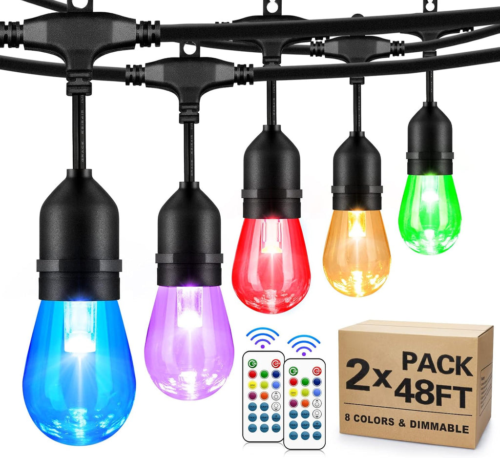 2-Pack 48FT Outdoor RGB String Lights with 30+5 E26 Shatterproof Edison Bulb Dimmable M19419