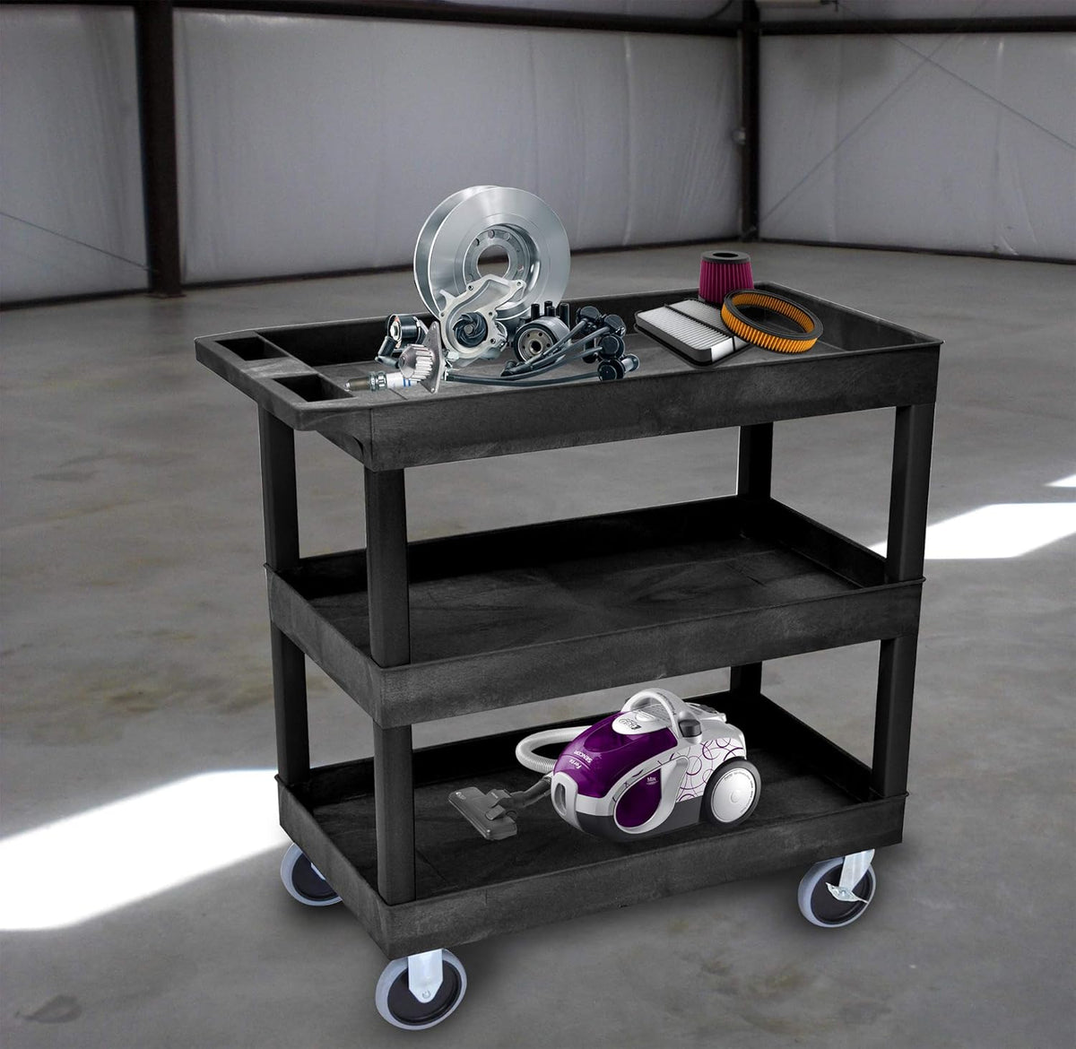 Black Mobile Utility Tub Cart with 3 Shelves X35450