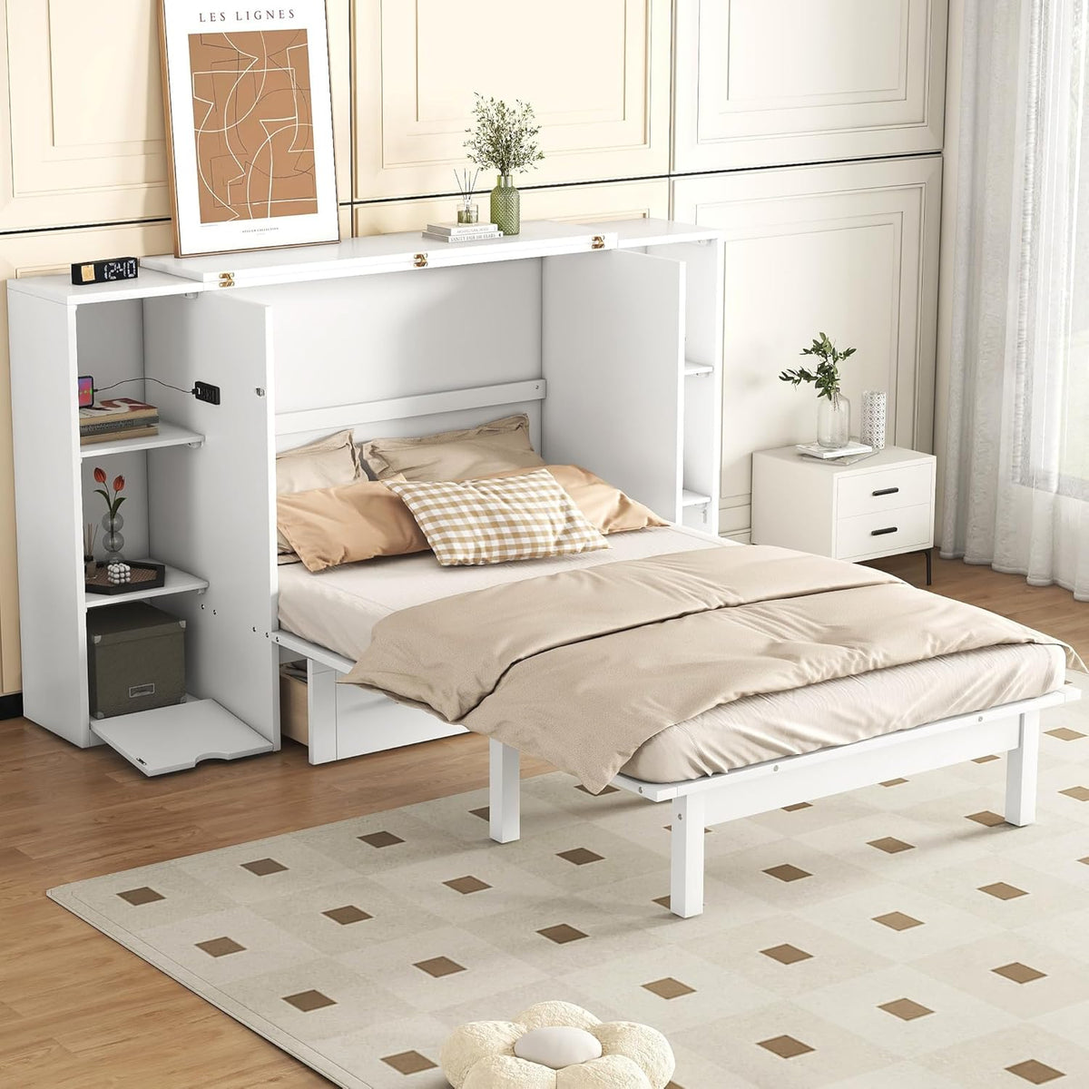 White Queen Size Murphy Bed with Shelves and Drawers B264