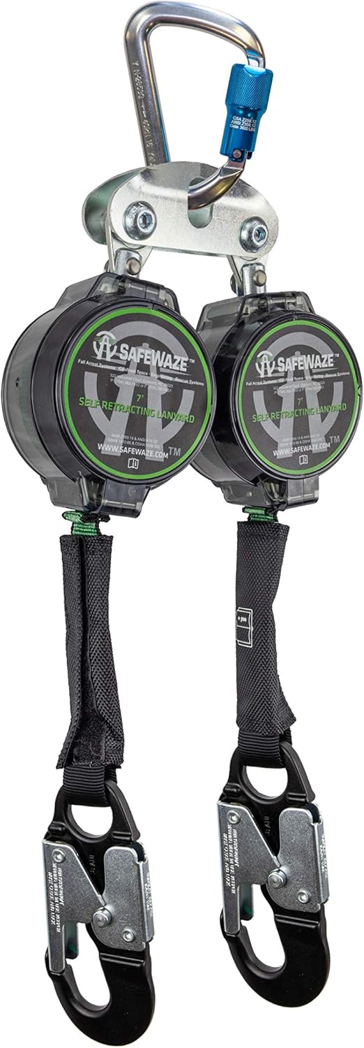 7 FT Dual Leg Web Retractable Lifeline with Aluminum Snap Hooks, Steel Carabiner C2354