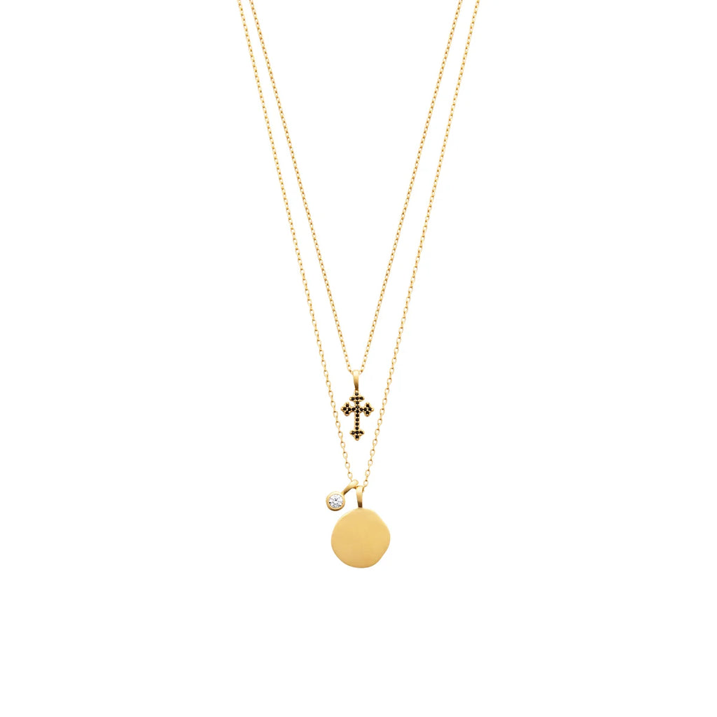 18K Gold Plated Double Necklace with Cubic Zirconia and Black Cross D294