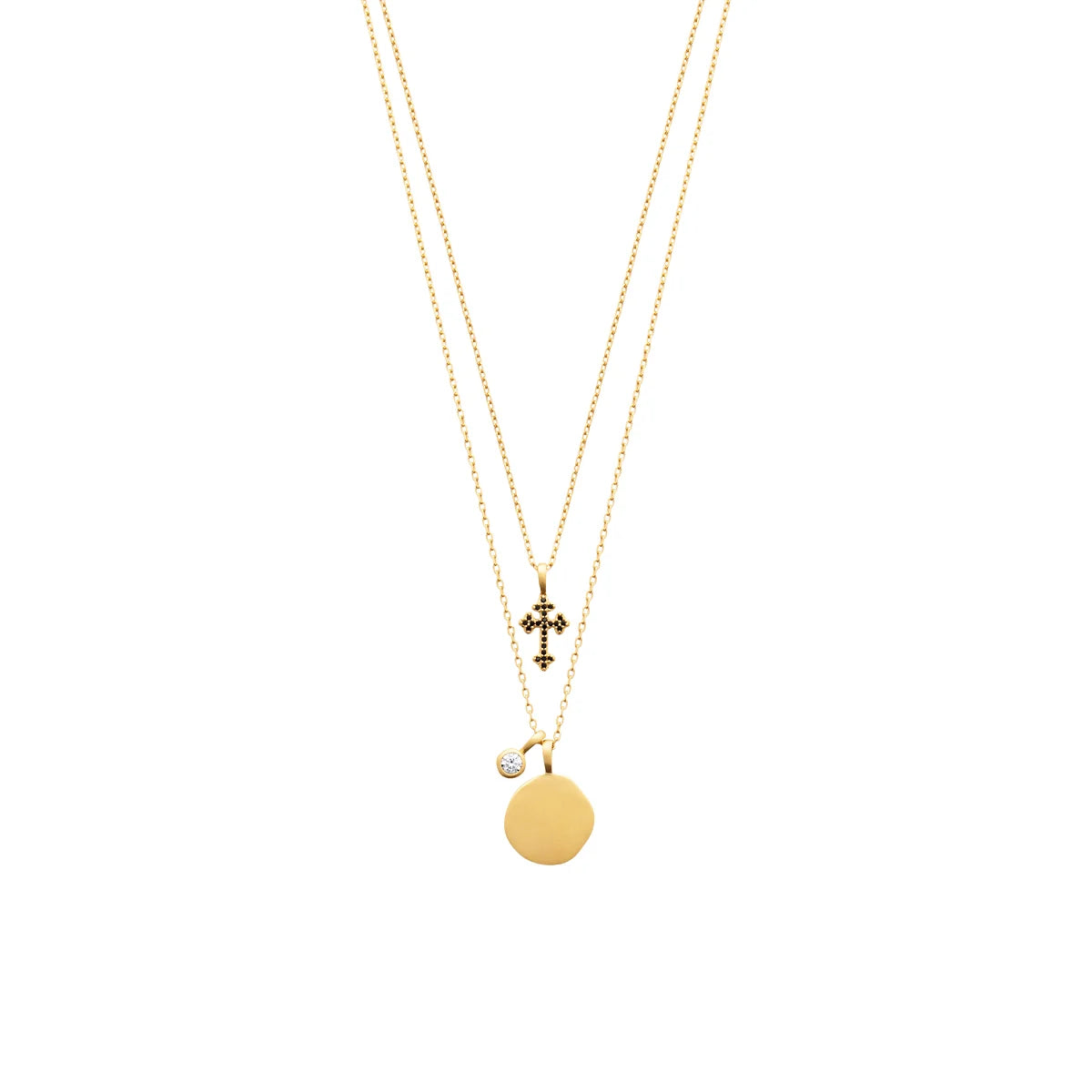 18K Gold Plated Double Necklace with Cubic Zirconia and Black Cross D294