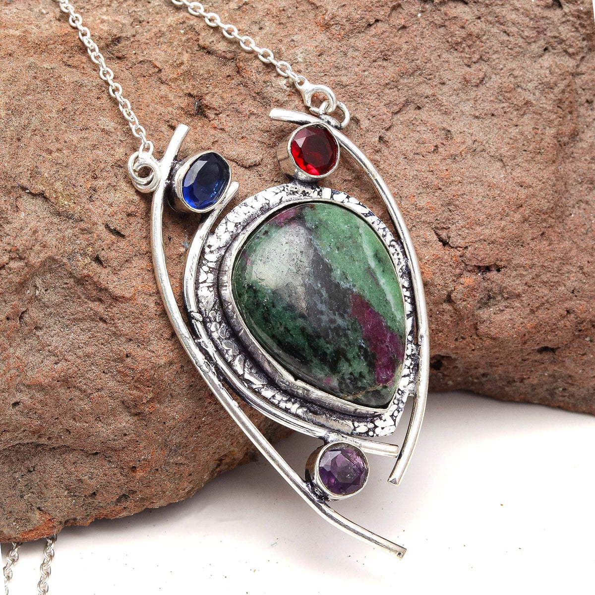 Ruby Zoisite 925 Silver Necklace 20 in M93231