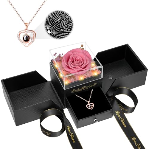 Preserved Red Rose Flower with Necklace and Light N331994