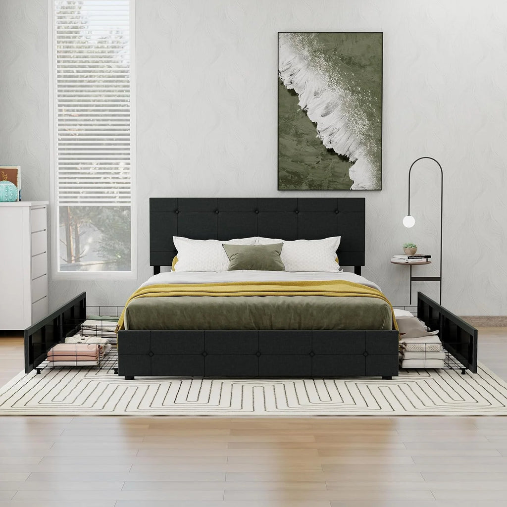 Black Linen Queen Size Platform Bed Frame with 4 Storage Drawers M724