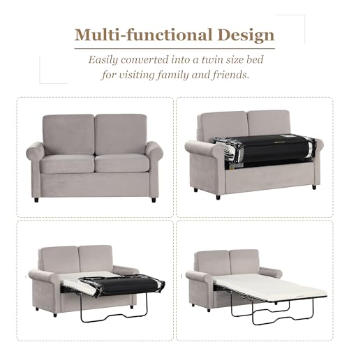 Grey Velvet Convertible Sofa Bed with Memory Foam Mattress Q99967