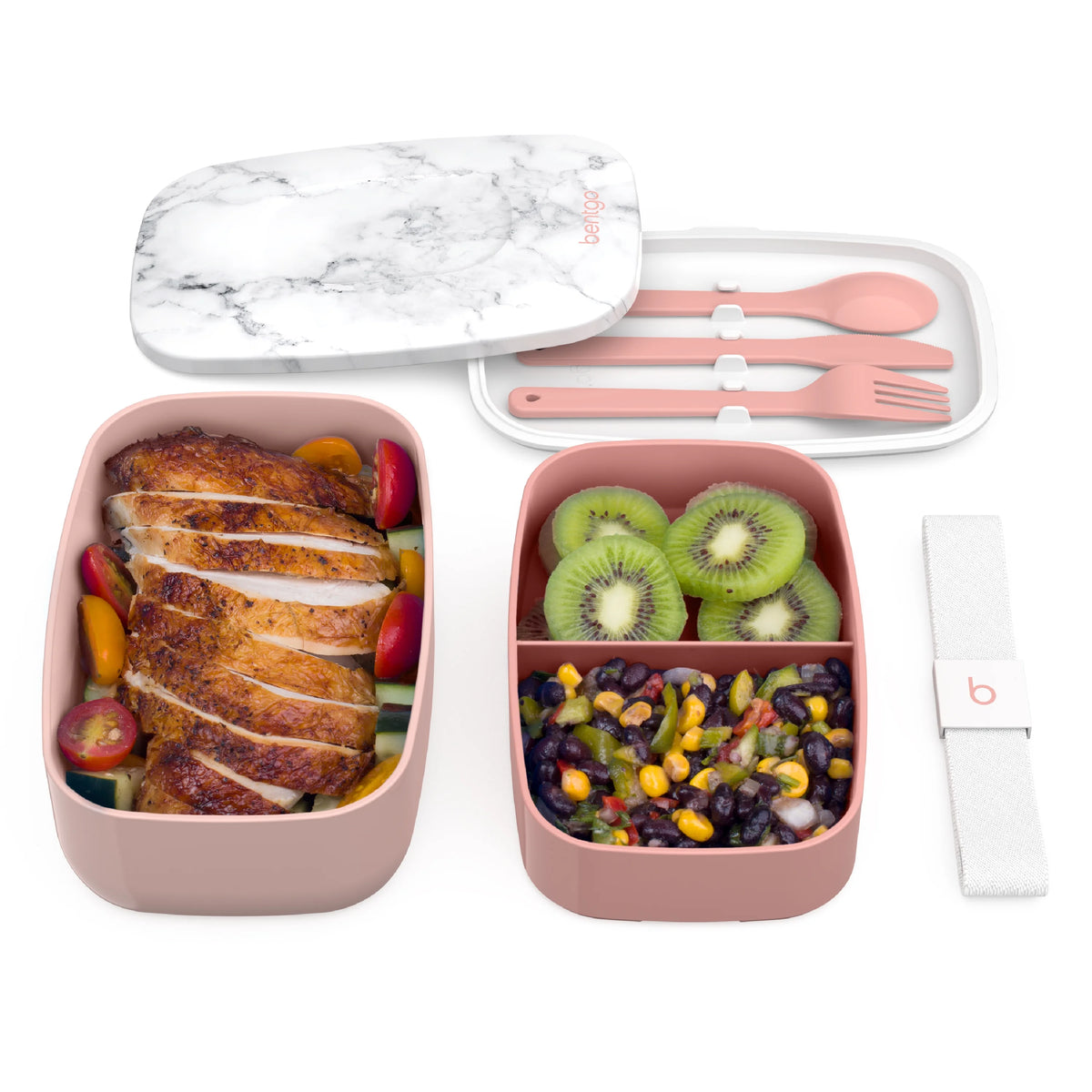 All-in-One Stackable Bento Lunch Box Container with 2 Stackable Containers, Plastic Utensil Set, and Nylon Sealing Strap A91648