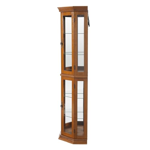 Corner Curio Cabinet with Tempered Glass Shelves, Mirrored Back, Cherry Q579