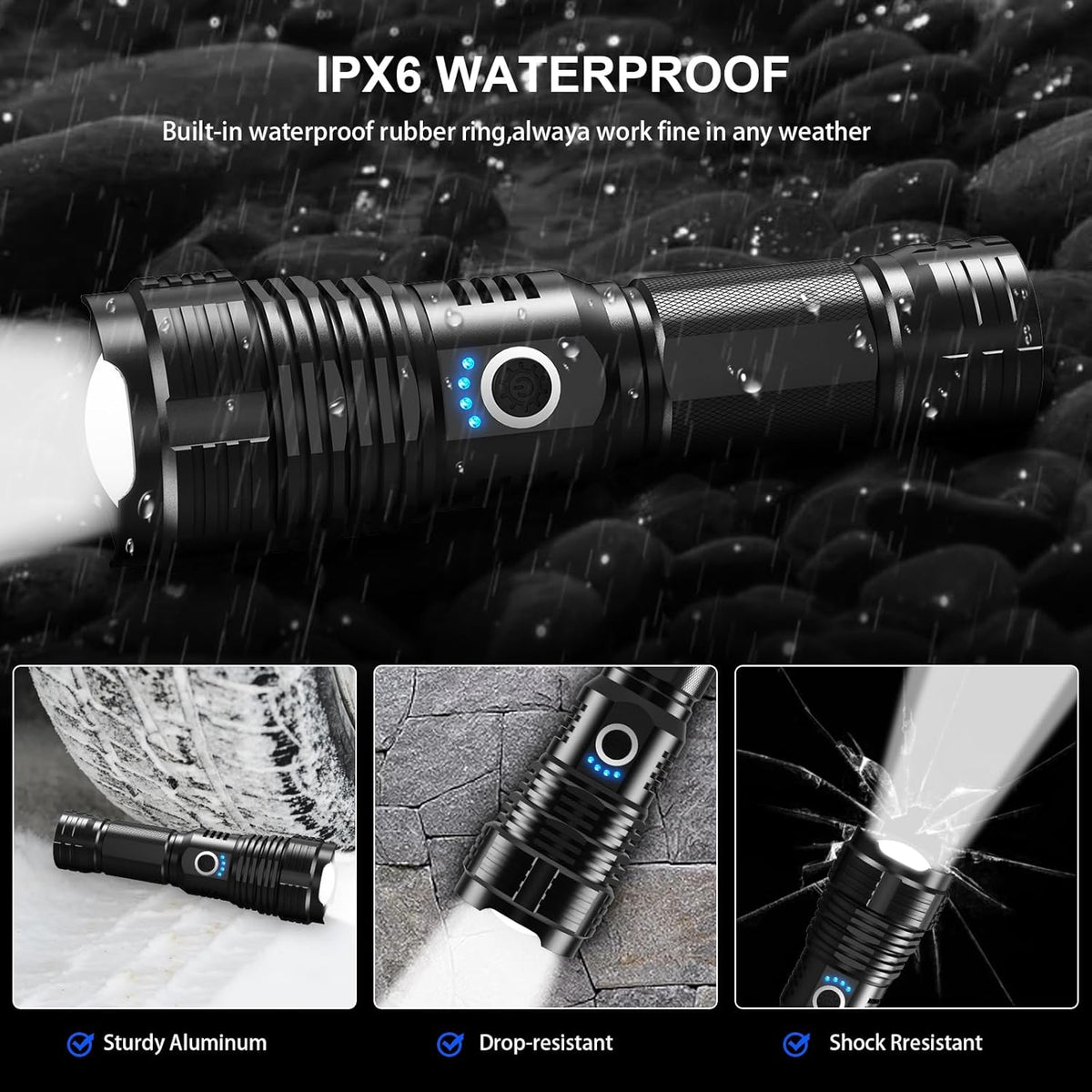 900,000 Lumens Rechargeable LED Flashlight with 5 Modes, Waterproof, 12 Hours Runtime (2 Pack) Z24361