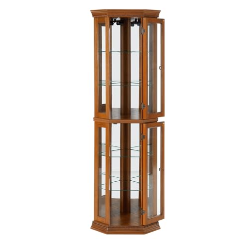 Corner Curio Cabinet with Tempered Glass Shelves, Mirrored Back, Cherry Q579