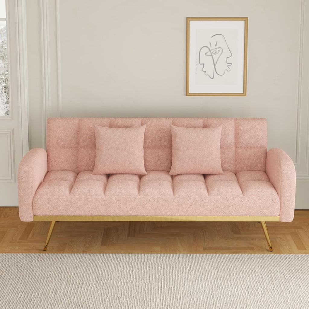 Pink Convertible Sleeper Loveseat Sofa 2-in-1 Adjustable Bed Futon Recliner with 2 Throw Pillows P441