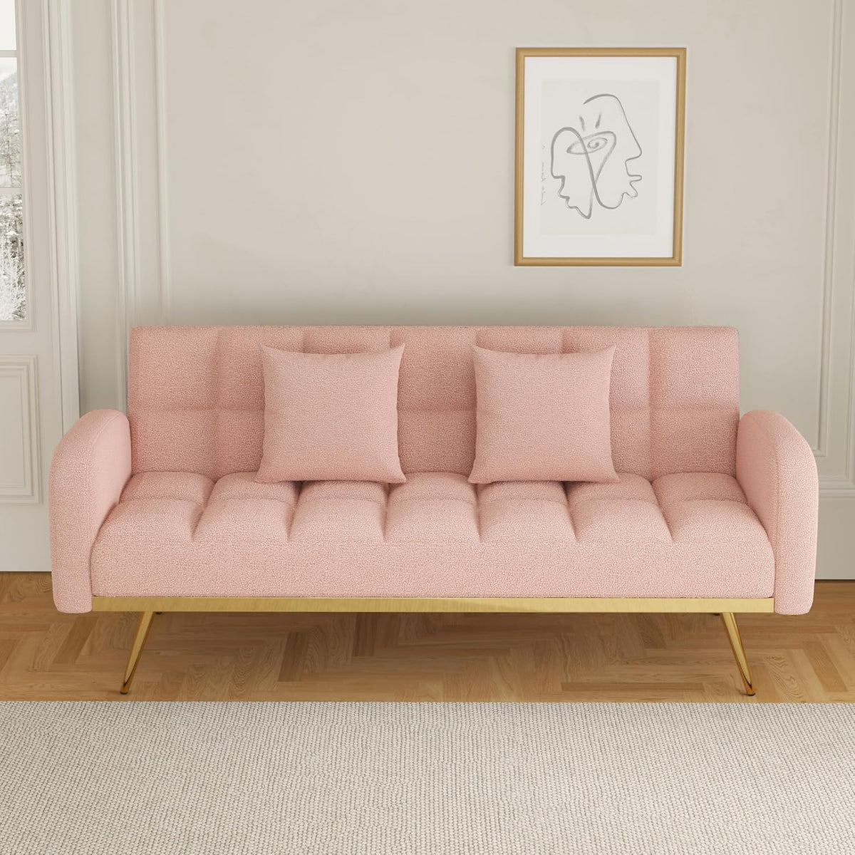 Pink Convertible Sleeper Loveseat Sofa 2-in-1 Adjustable Bed Futon Recliner with 2 Throw Pillows P441