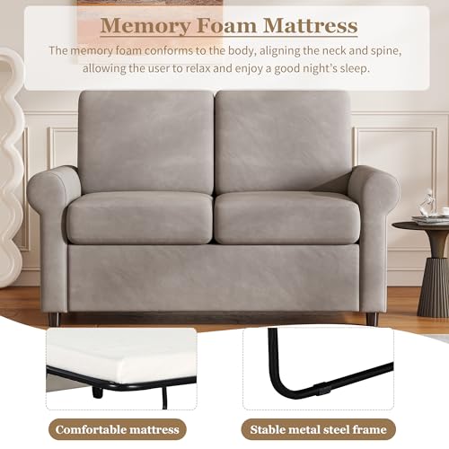 Grey Velvet Convertible Sofa Bed with Memory Foam Mattress Q99967