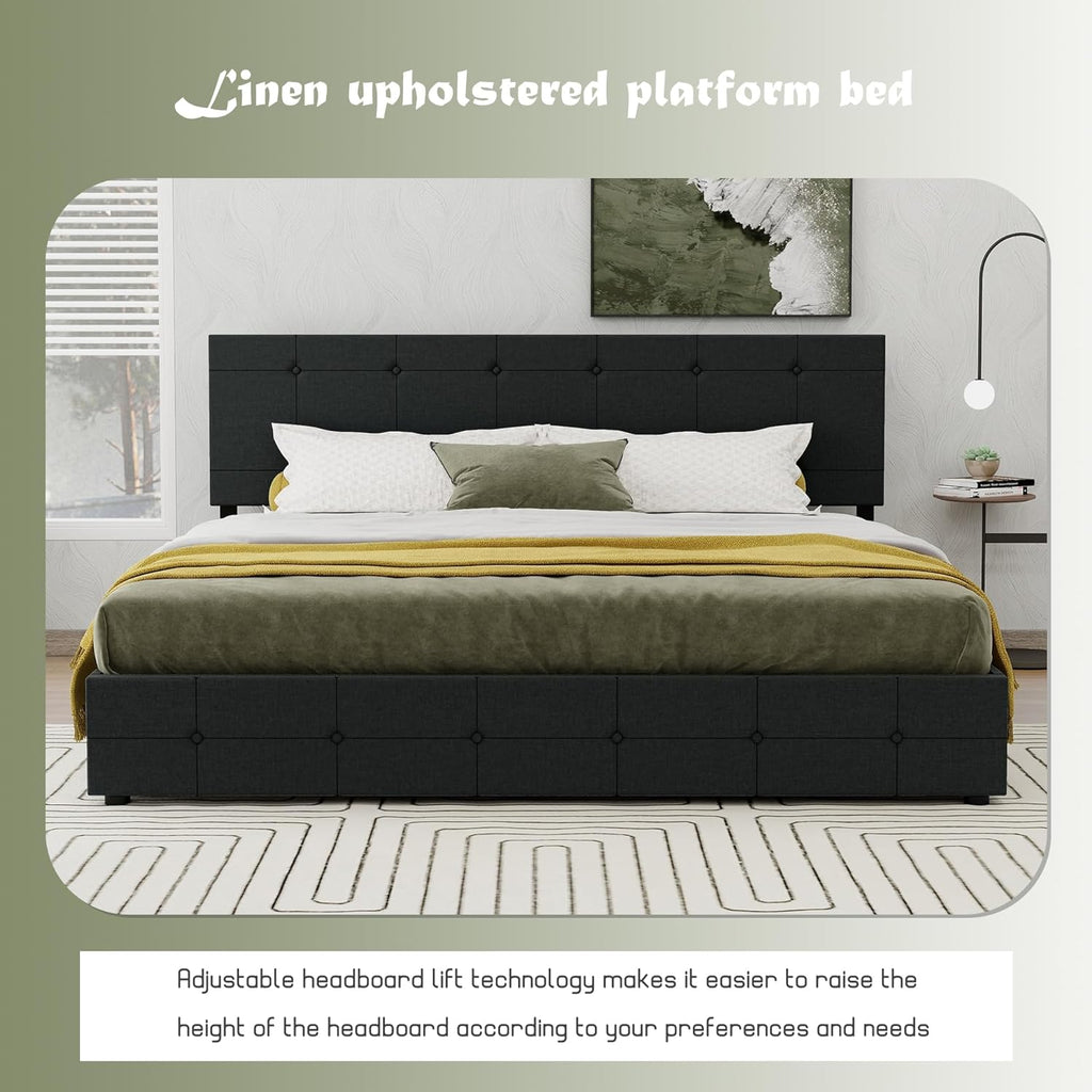 Black Linen Queen Size Platform Bed Frame with 4 Storage Drawers M724