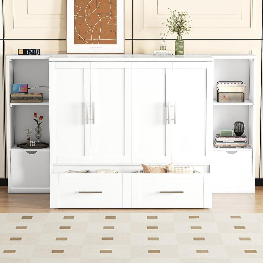 White Queen Size Murphy Bed with Shelves and Drawers B264