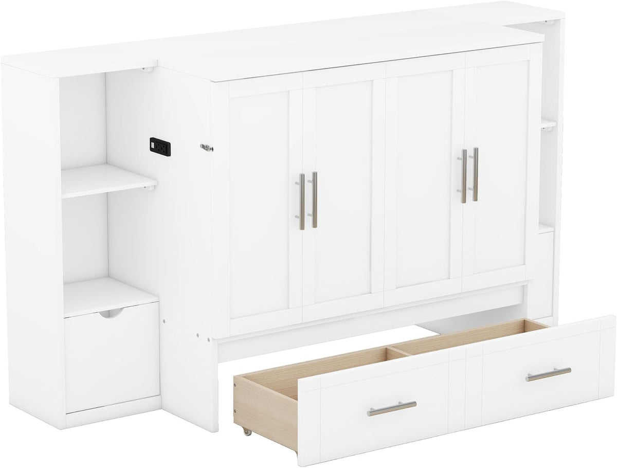 White Queen Size Murphy Bed with Shelves and Drawers B264