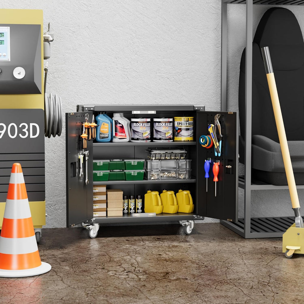 Black Metal Steel Storage Cabinet with Wheels and Pegboard Z1232