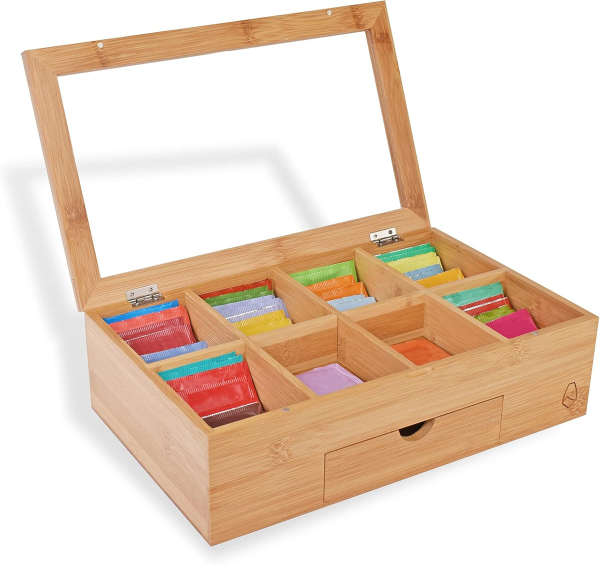 Bamboo Wood Tea Bag Storage Organizer with 8 Compartments and Drawer Q433