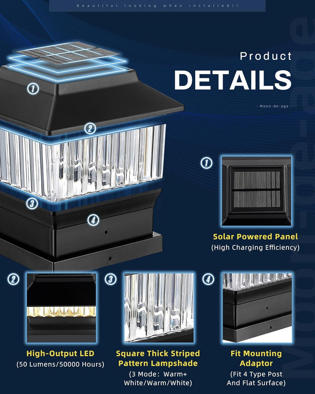 50 Lumen 3 Modes Solar Post Lights (1 Pack) and RGB & Warm Solar Post Cap Lights (1 Pack) R79796