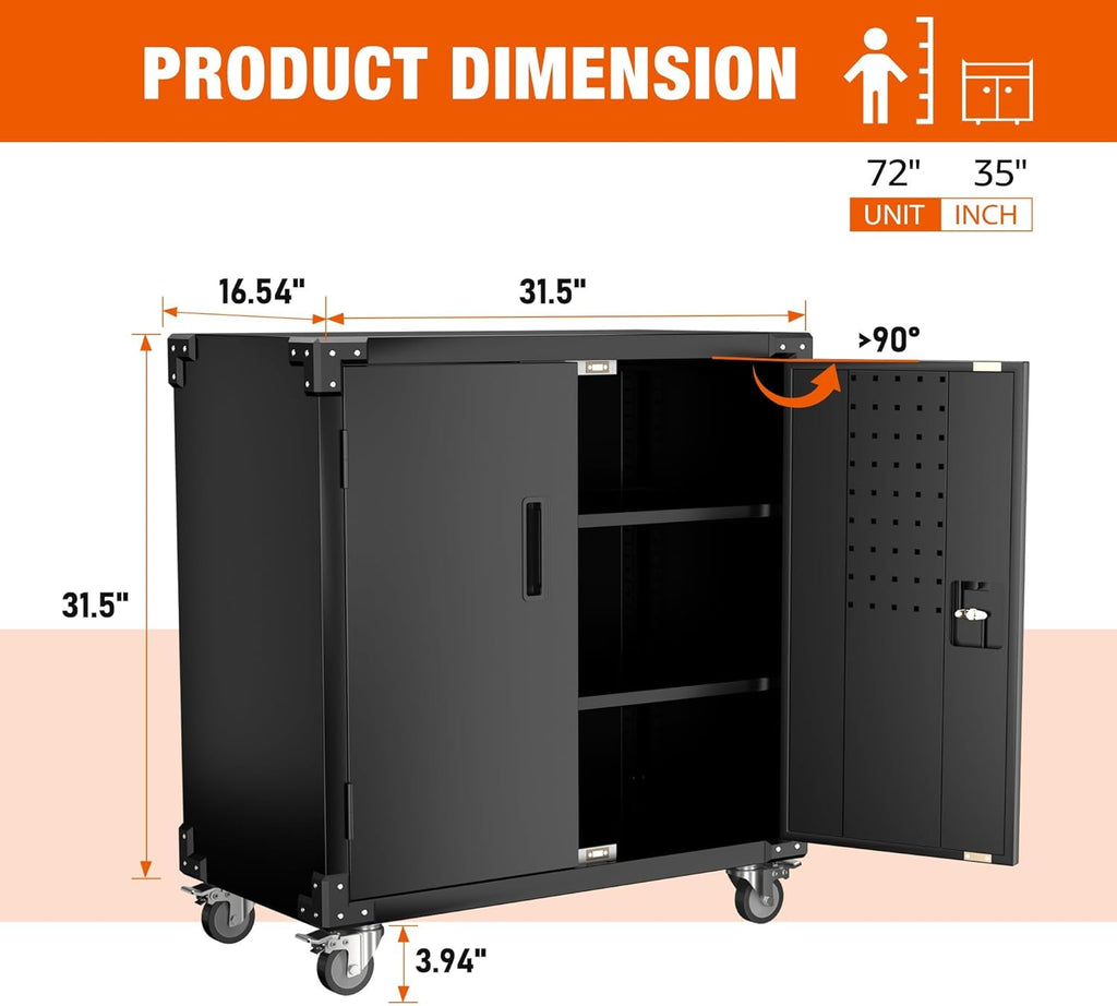 Black Metal Steel Storage Cabinet with Wheels and Pegboard Z1232