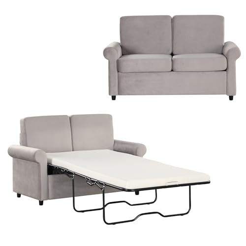 Grey Velvet Convertible Sofa Bed with Memory Foam Mattress Q99967