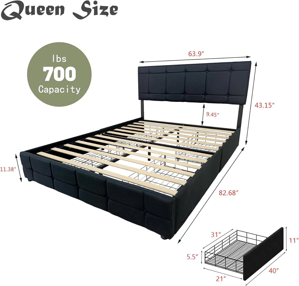 Black Linen Queen Size Platform Bed Frame with 4 Storage Drawers M724