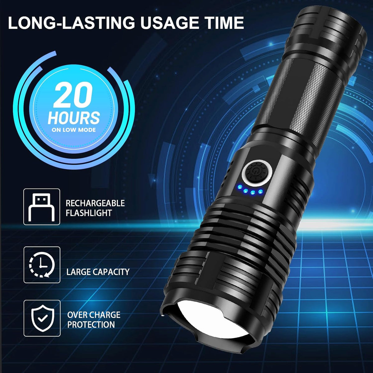 900,000 Lumens Rechargeable LED Flashlight with 5 Modes, Waterproof, 12 Hours Runtime (2 Pack) Z24361