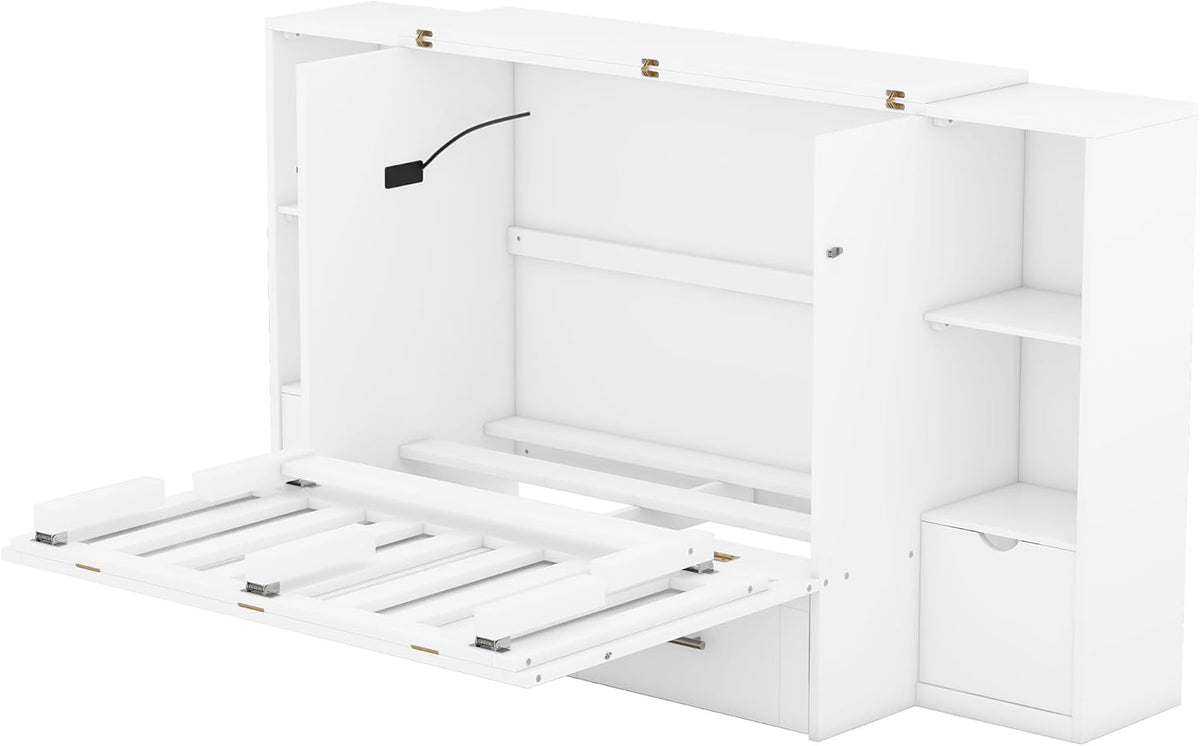 White Queen Size Murphy Bed with Shelves and Drawers B264