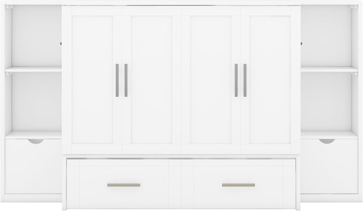 White Queen Size Murphy Bed with Shelves and Drawers B264