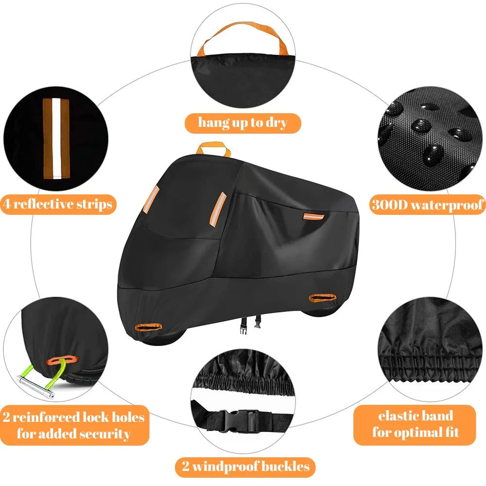 300D Waterproof Motorcycle Cover with 4 Reflective Strips Storage Bag (XXL) M5002