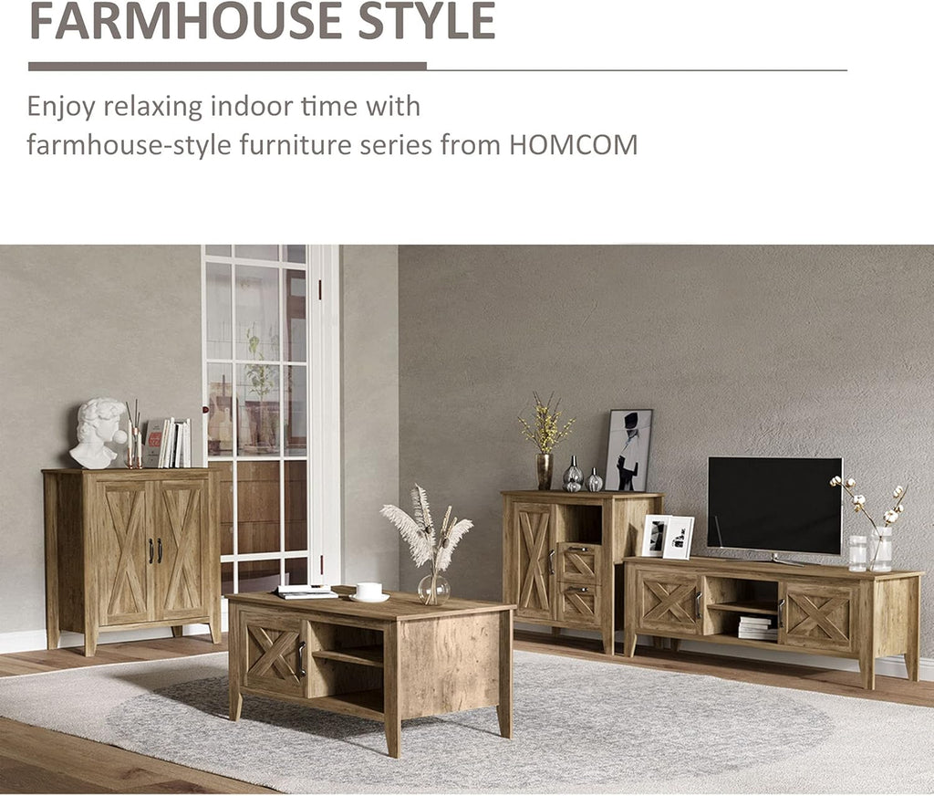 Rustic Oak Finish Sideboard Accent Storage Cabinet with Double Barn Doors and Fixed Shelf I6379