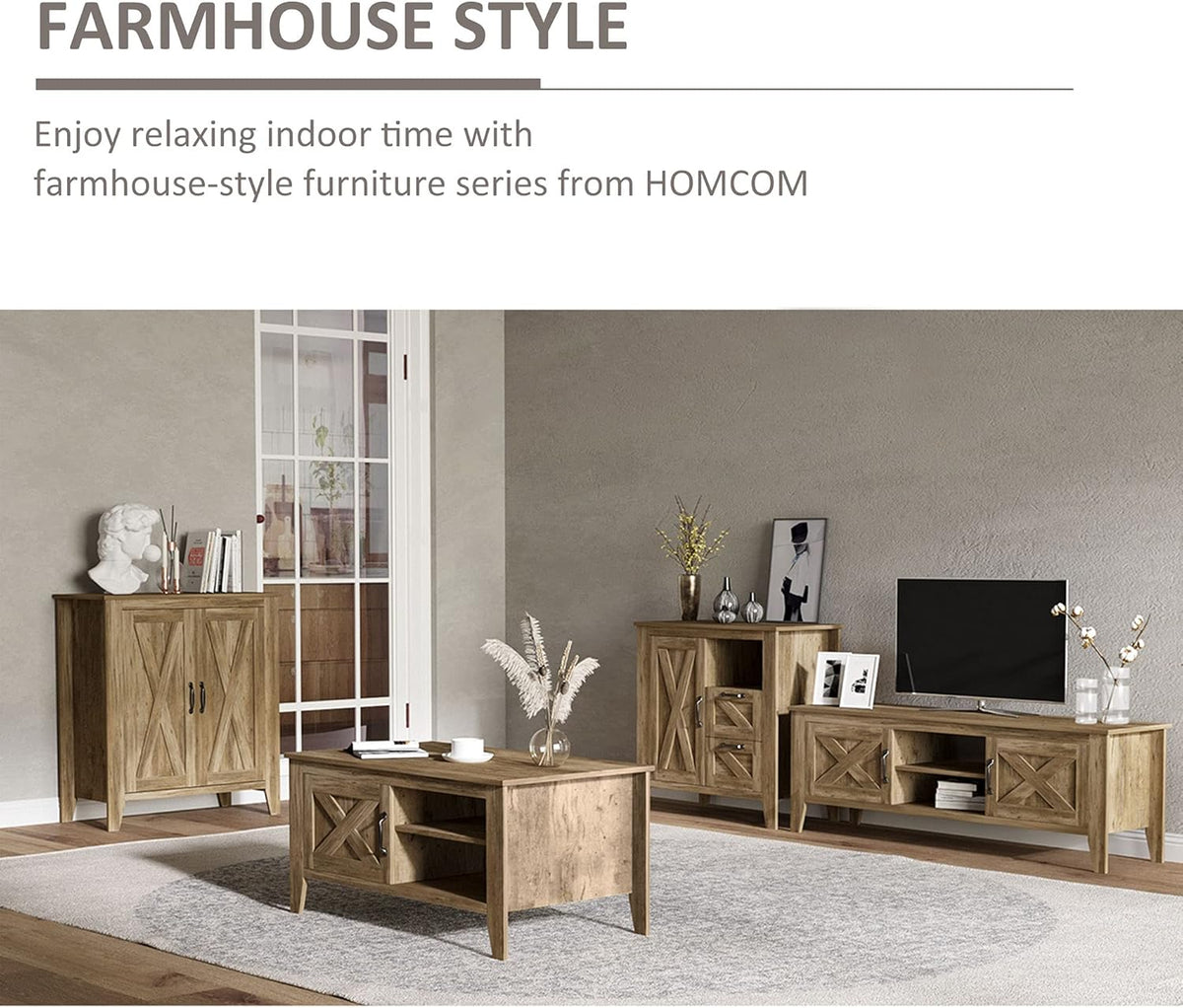 Rustic Oak Finish Sideboard Accent Storage Cabinet with Double Barn Doors and Fixed Shelf I6379