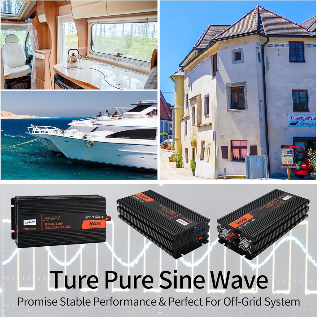 2000W Pure Sine Wave Power Inverter DC 12V to AC 120V with LCD Display Remote Control USB Port R626