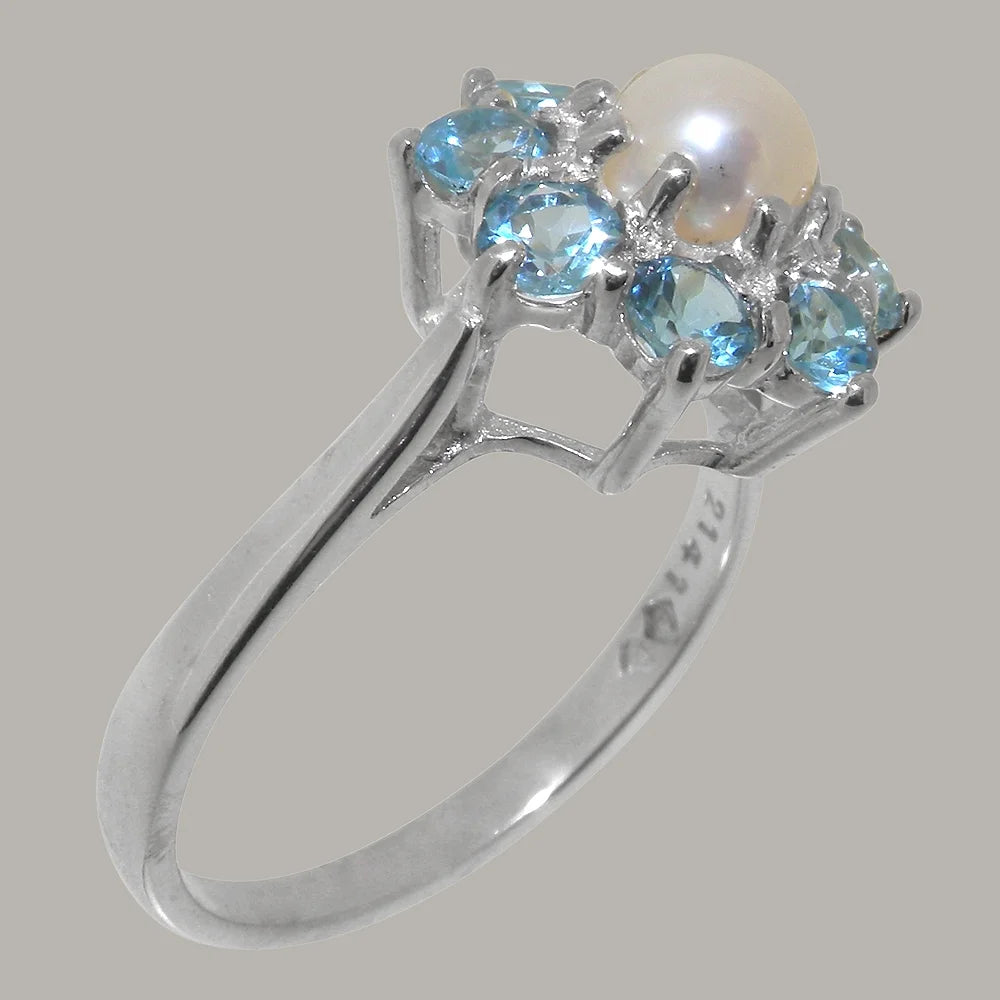 10k White Gold Cultured Pearl Blue Topaz Womens Statement Ring Y28866