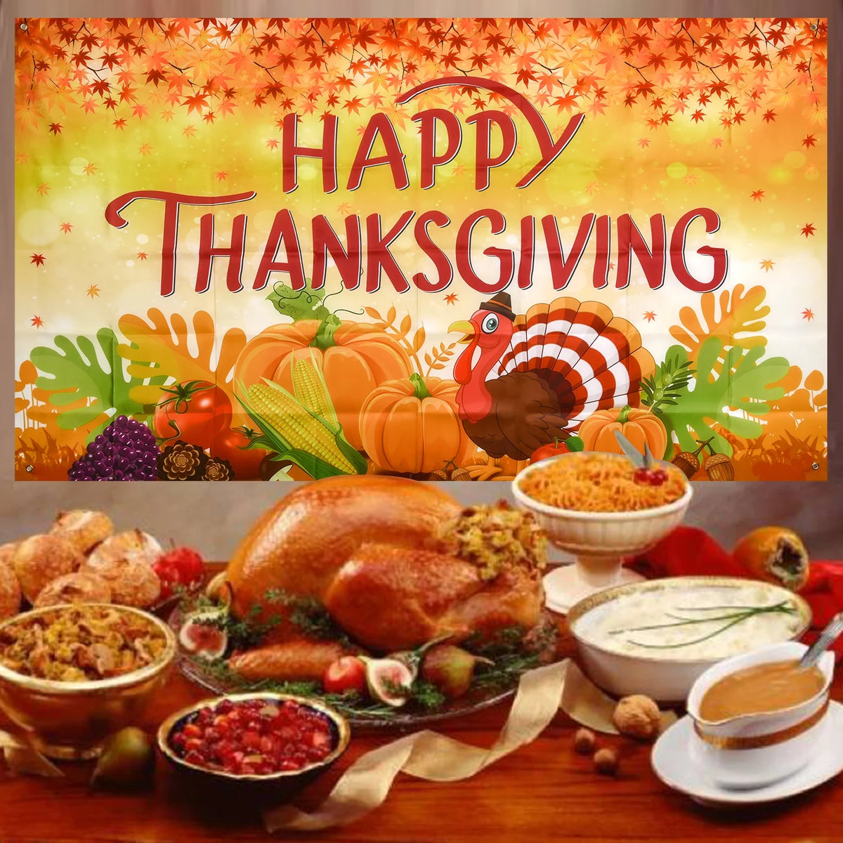 Thanksgiving Banner 72 x 46 Inch Turkey Pumpkin Maple Leaves Banner Z966