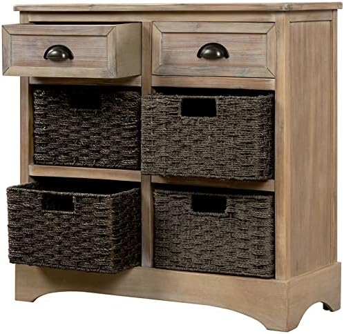 White Washed Storage Cabinet with Two Drawers and Four Rattan Basket N357