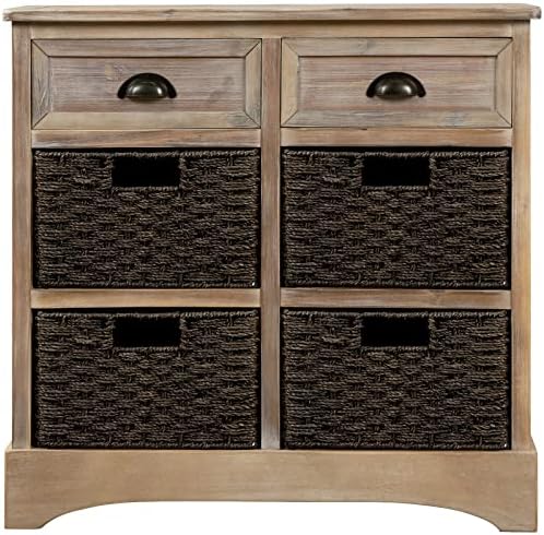 White Washed Storage Cabinet with Two Drawers and Four Rattan Basket N357