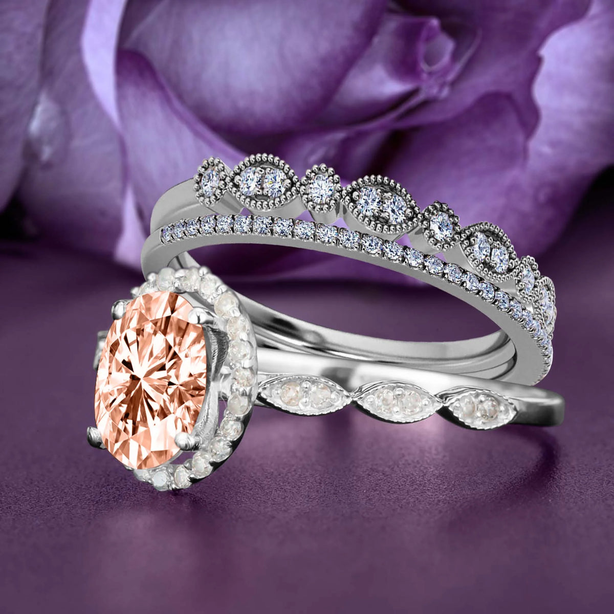 Art Deco Oval Cut Morganite And Diamond Moissanite Engagement Ring Trio Set In 925 Sterling Silver With 18K White Gold Plating Y59230