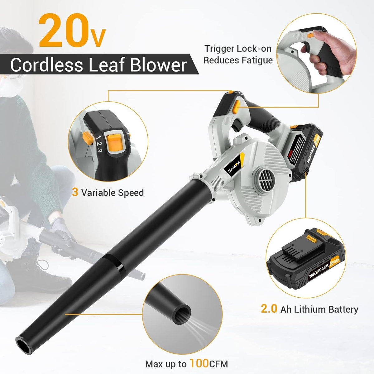 20V Cordless Electric Leaf Blower & Vacuums with Charger & 2.0Ah Lithium Battery J4030