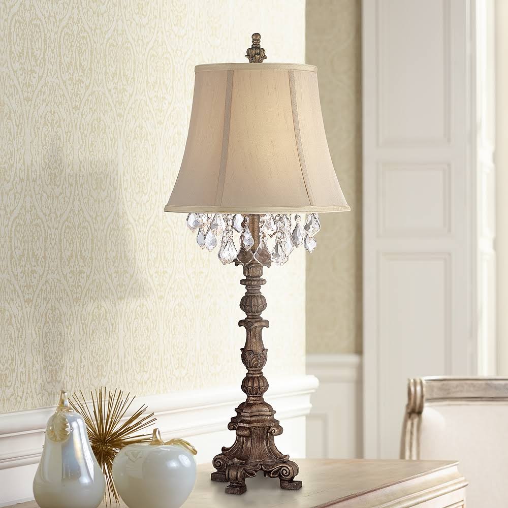 Crystal Gold Candlestick Table Lamp with Beige Bell Shade N767