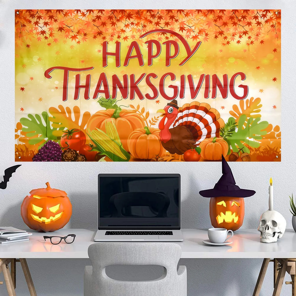 Thanksgiving Banner 72 x 46 Inch Turkey Pumpkin Maple Leaves Banner Z966