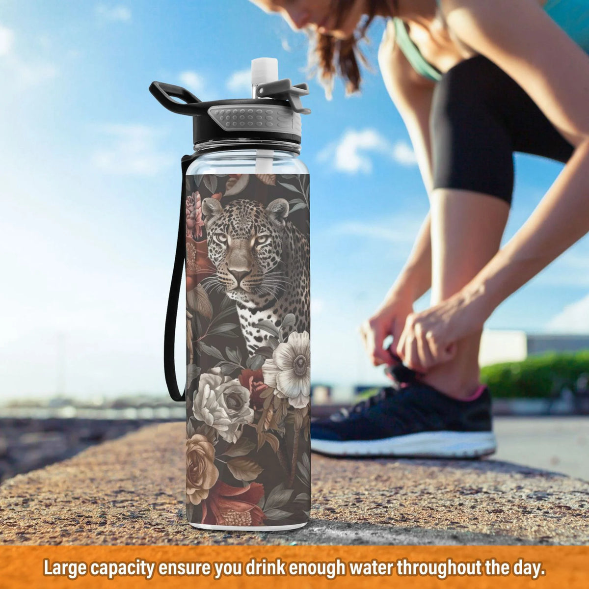 Leopard in Flowers 32oz Tritan Sports Water Bottle with Straw D3968