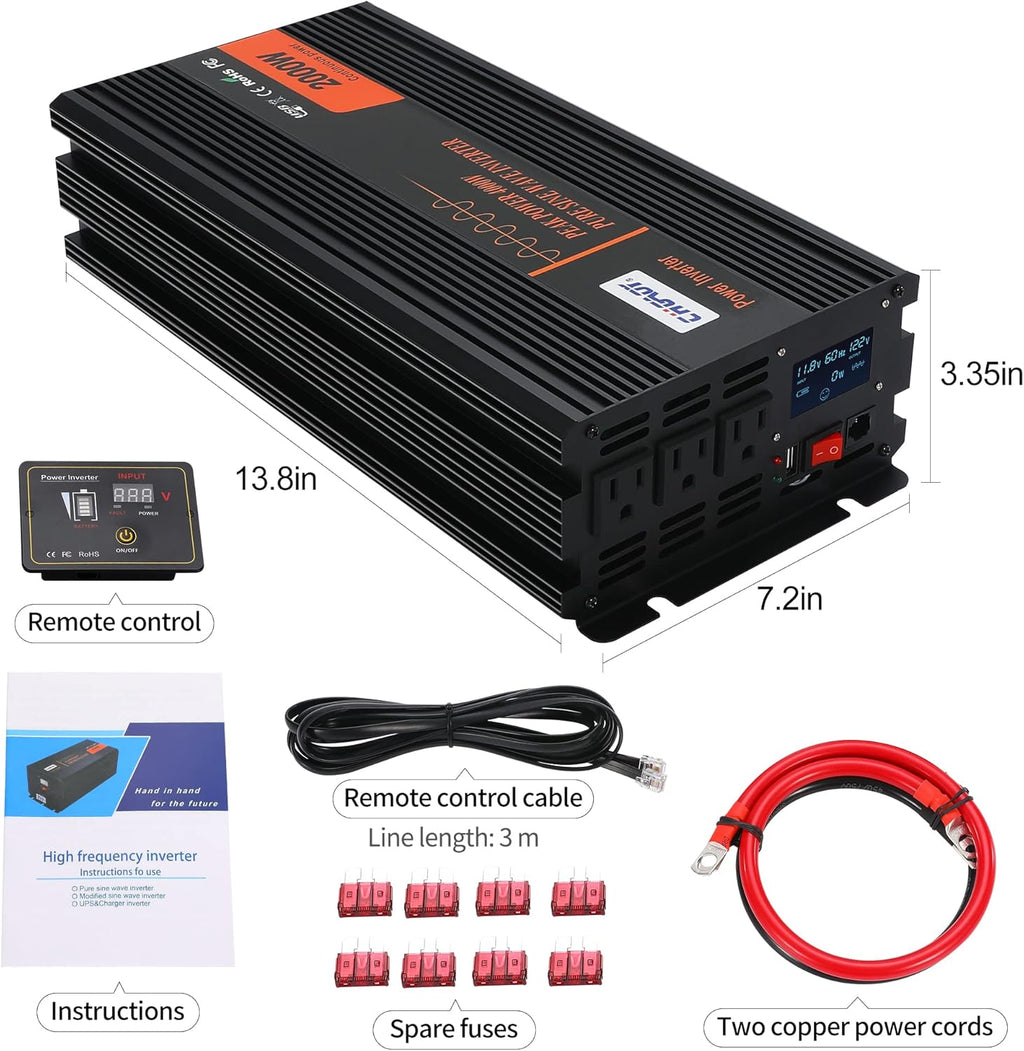 2000W Pure Sine Wave Power Inverter DC 12V to AC 120V with LCD Display Remote Control USB Port R626