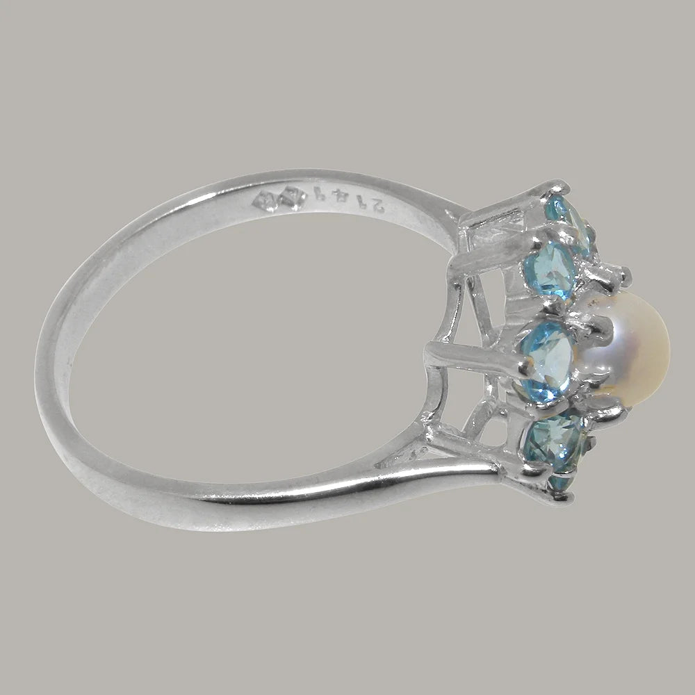 10k White Gold Cultured Pearl Blue Topaz Womens Statement Ring Y28866