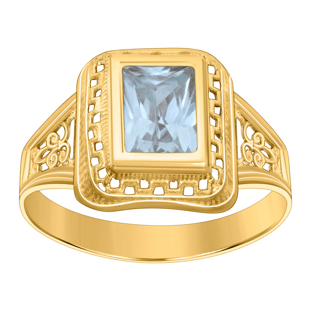 10k Yellow Gold Aqua Emerald Cut CZ Ring D1211