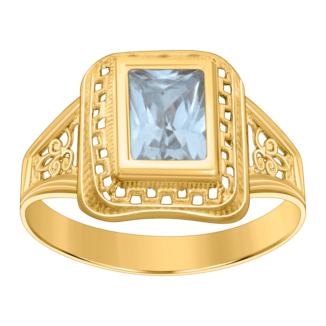 10k Yellow Gold Aqua Emerald Cut CZ Ring D1211